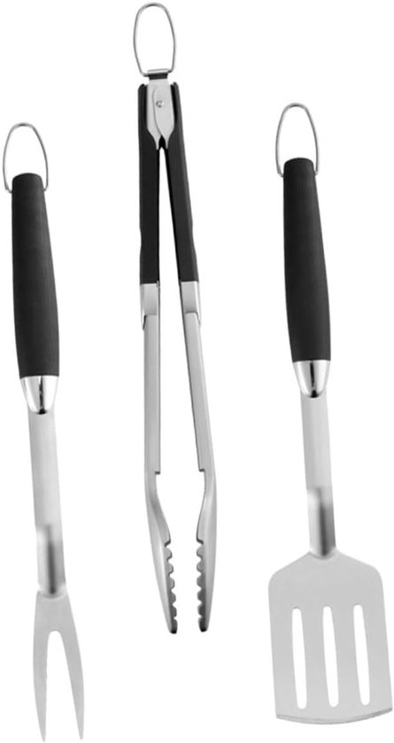 BBQ-set voor Buiten - Vork 45 cm - Spatel 45 cm - Tang 46 cm - Geschikt voor Kamperen Barbecueën en Outdoor Koken - Zwarte en Zilverkleurige Grillgereedschappen Set