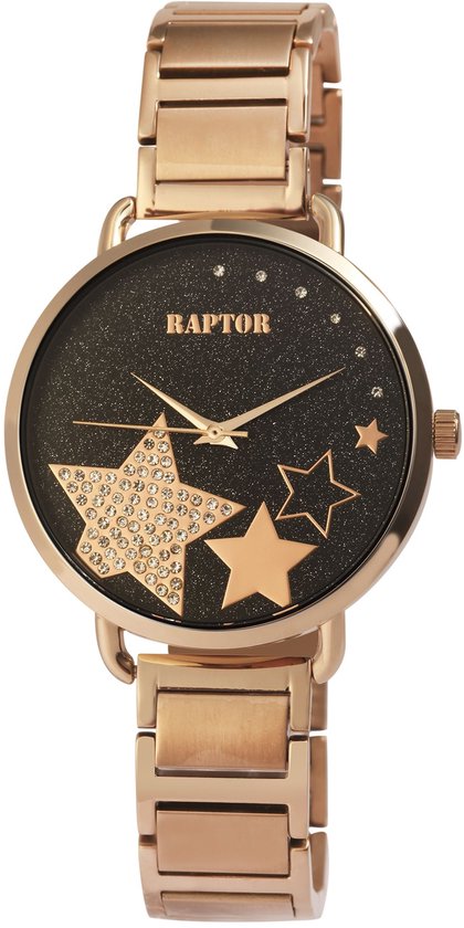 Gouden Raptor dameshorloge met zwarte, glinsterende wijzerplaat en gouden sterren.