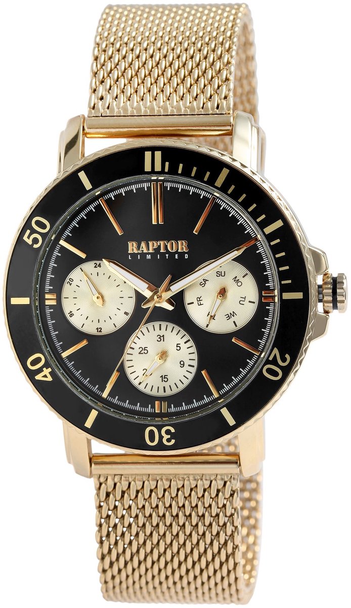 Raptor-Model ra20342-002-Herenhorloge-zwart-goudkleurig-dag en datum aanduiding-3 atm waterdicht-milanese band