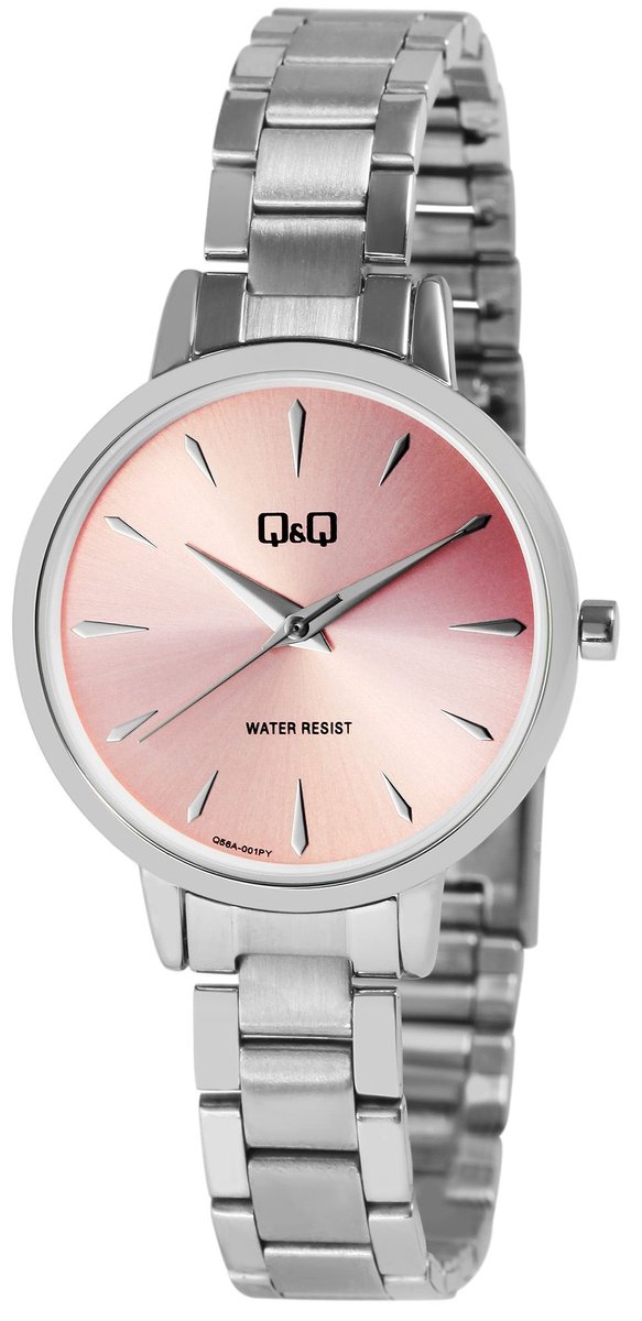 QQ-model q56a-001-Dameshorloge-zilverkleurig-roze wijzerplaat-3 atm waterdicht-diameter 31 mm