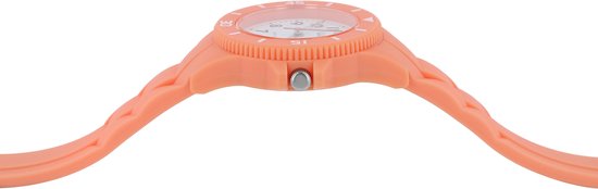 Oranje plastic horloge met witte wijzerplaat, zilveren knop en geribbelde lunette.