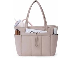 Tote Bag - Handtas - Tas Met Bekerhouder - Dames donstas - Gepolsterde Modern Pufferstijl Met Laptopvak En Trolley Sleeve - 1 Stuk - Beige