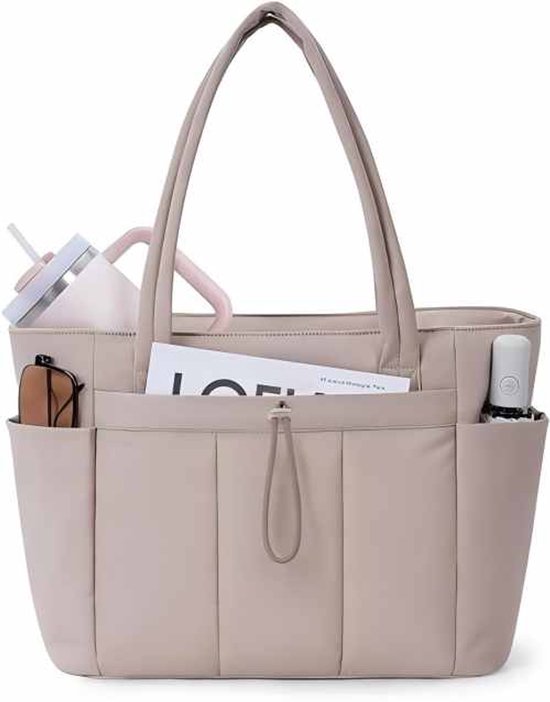 Sac fourre-tout - Sac à main - Sac avec porte-gobelet - Sac doudoune pour femme - Style doudoune moderne rembourré avec compartiment pour ordinateur portable et manchon pour trolley - 1 pièce - Beige