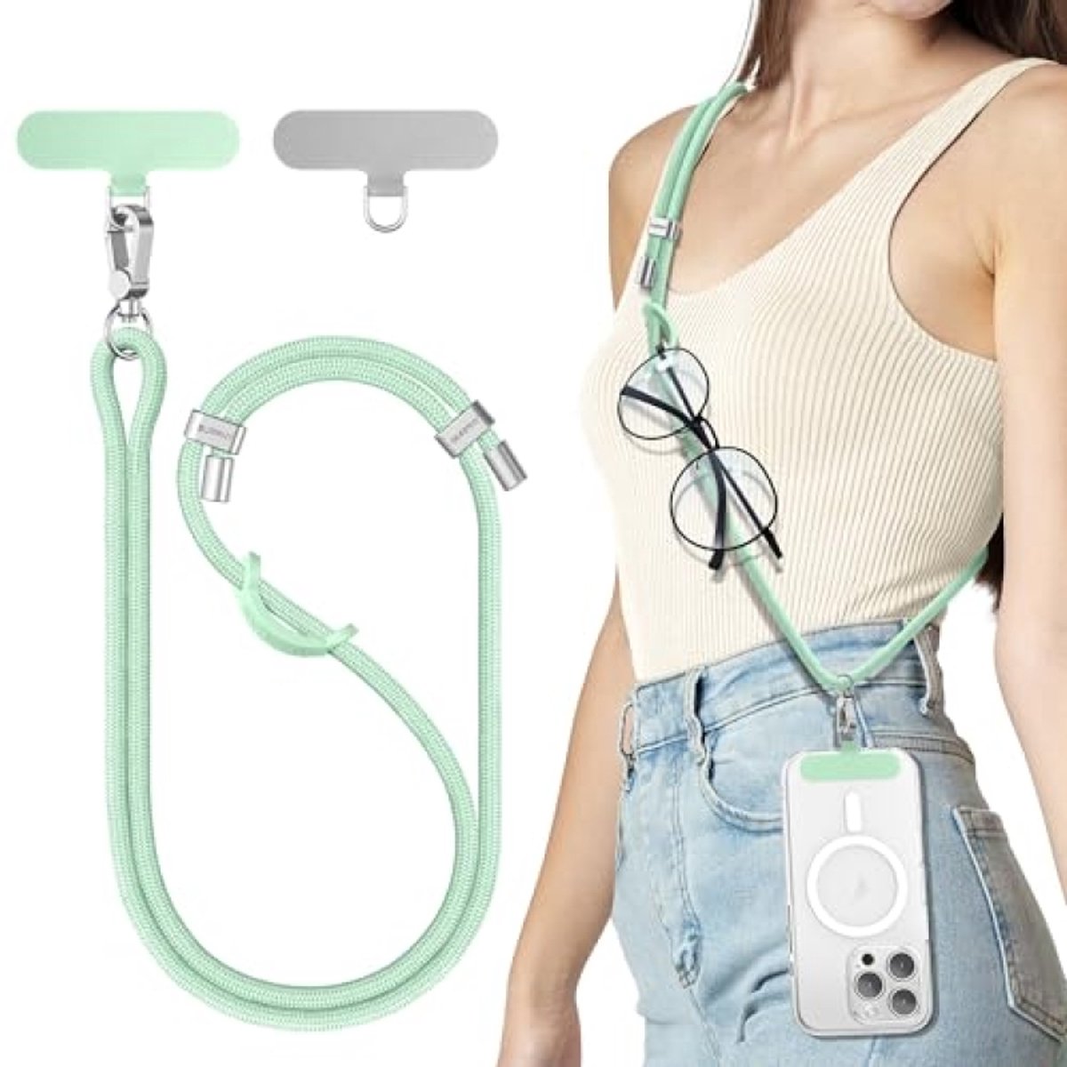 ST TRADING Verstelbaar telefoonkoord - Universele lanyard met haak - Lichtgroen