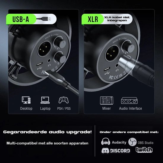 Achterkant van de microfoon toont USB-A- en XLR-aansluitingen met compatibiliteitsiconen voor pc, mixer en audio-interface.