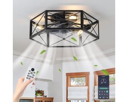 Industriële Plafondventilator - Met Afstandsbediening & APP - Stille 6 Lucht Richtingen - E27 - Zwart - 50 cm - Kroonluchter Ventilator - Chandelier Fan - Woonkamerlamp - Ventilator Lampen