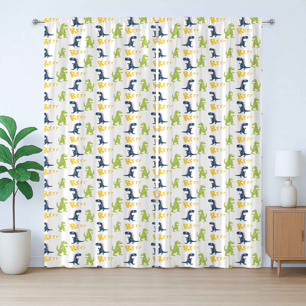ABAKUHAUS Rustiek dinosaurusgordijn, vrolijke cartoondino, met lussen en haken voor de woonkamer, 280 x 175 cm, meerkleurig