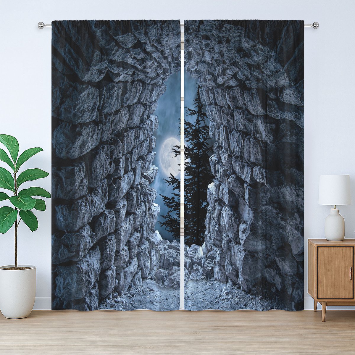 ABAKUHAUS Gotisch rustiek gordijn, Volle maan donkere grot, slaapkamergordijn met lussen en haken, 280 x 175 cm, blauwgrijs