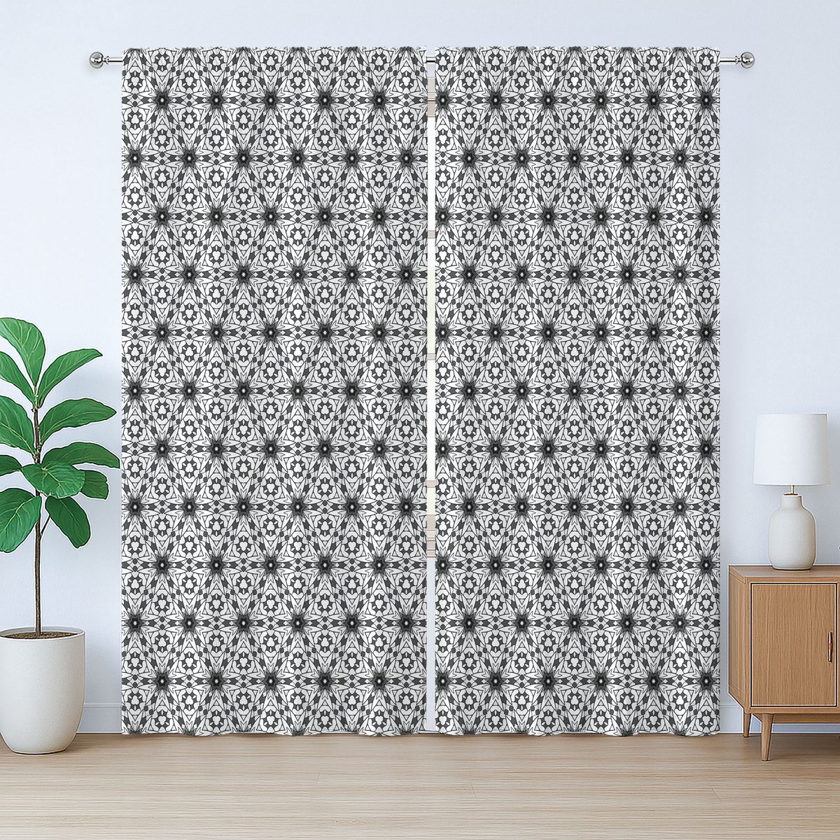 ABAKUHAUS Rustiek grijs en wit gordijn, boho bloemenprint, met lussen en haken voor de woonkamer, 280 x 225 cm, antracietgrijs en wit