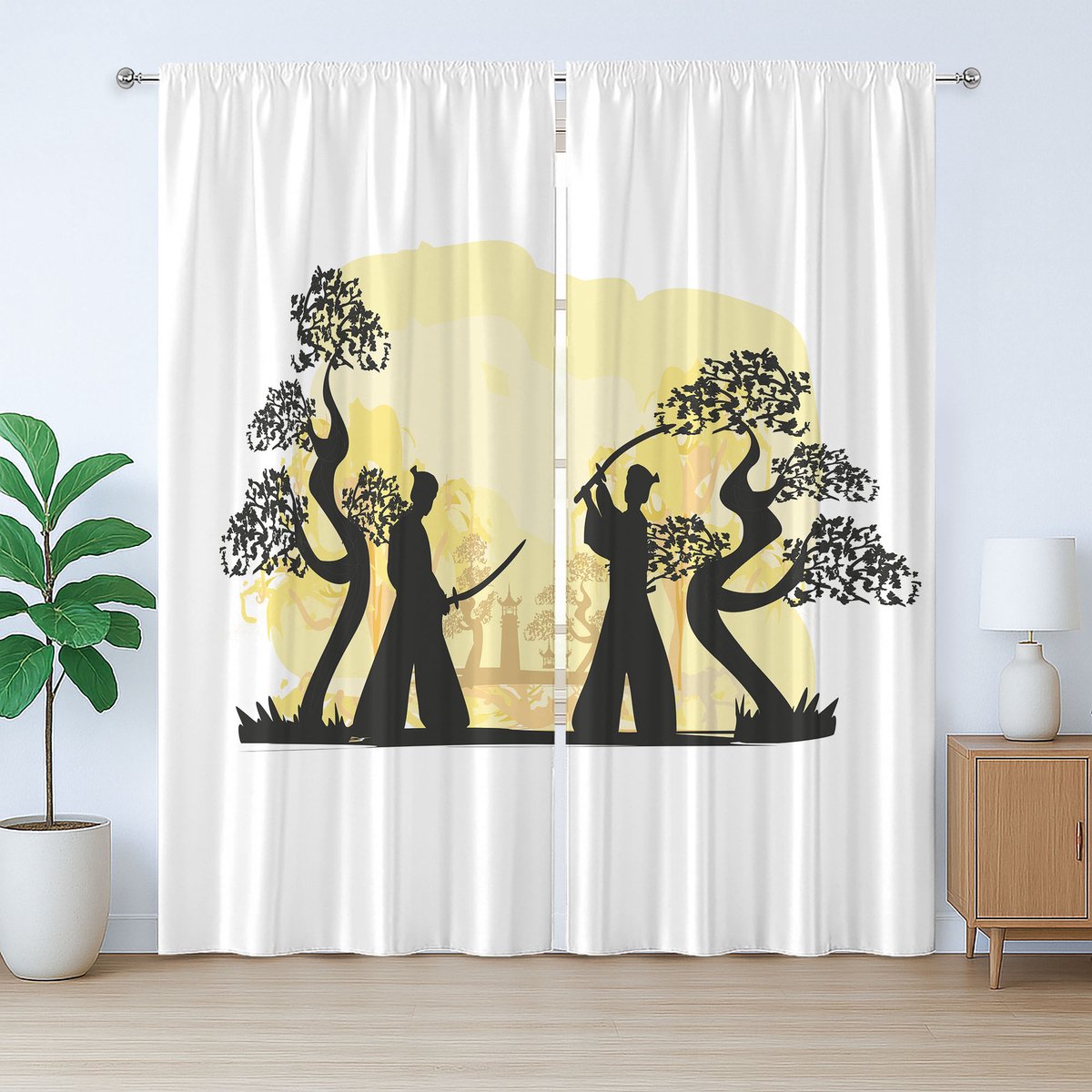 ABAKUHAUS Samurai rustiek gordijn, oosters design, slaapkamergordijn met plooien, lussen en haken, 280 x 225 cm, zwart en lichtgeel