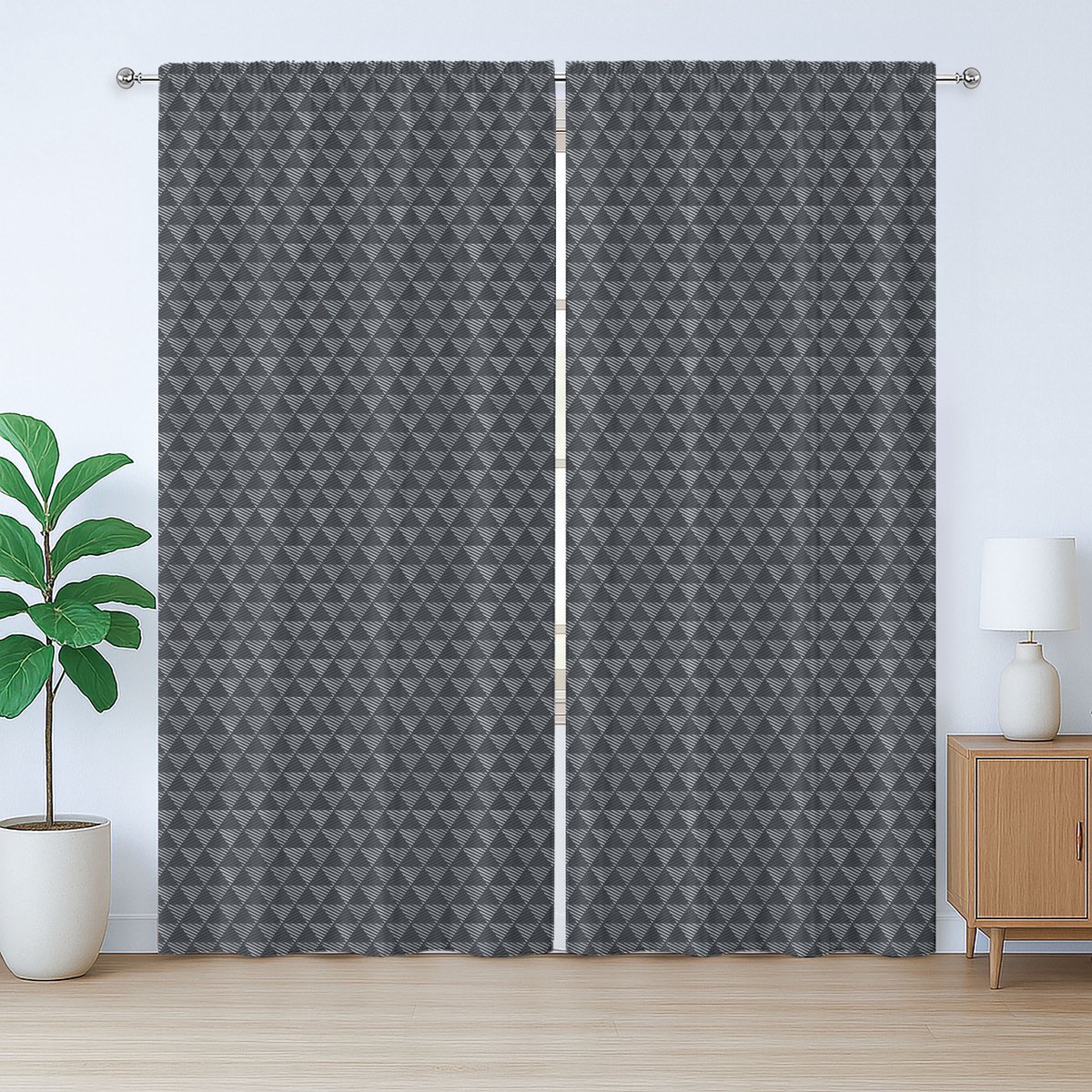 ABAKUHAUS Donkergrijs rustiek gordijn, diagonale strepen en driehoeken, met lussen en haken voor de woonkamer, 280 x 245 cm, grijs en donkergrijs