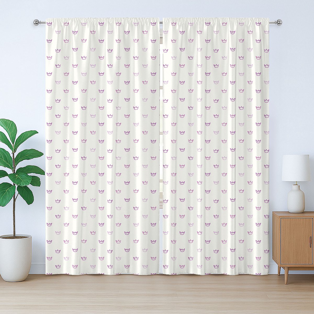 ABAKUHAUS Kroon Rustiek Gordijn, Cartoonstijl Prinsessenmotieven, met Bandjes met Lusjes en Haken, 280 x 245 cm, Lila Gebroken Wit Mauve