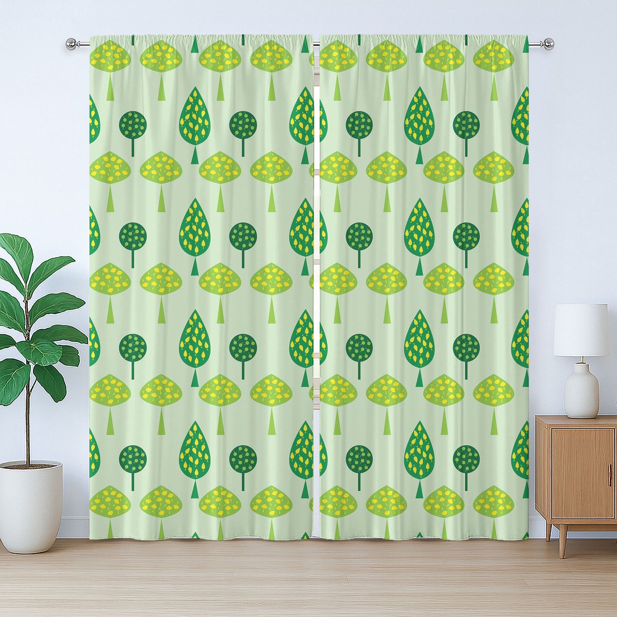ABAKUHAUS Rustiek gordijn met bladeren, abstracte bloeiende bomen, met lussen en haken voor de woonkamer, 280 x 175 cm, lichtgroen limoengroen