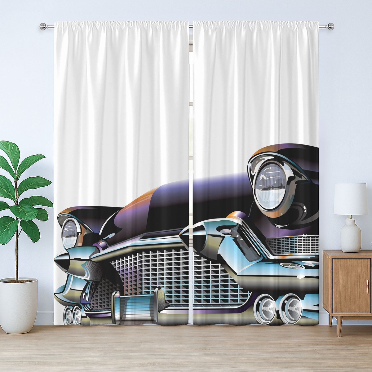 ABAKUHAUS Rustiek Autogordijn, Antiek Auto Design, met Banden, Lussen en Haken voor de Woonkamer, 280 x 260 cm, Zwart, Lichtblauw, Oranje