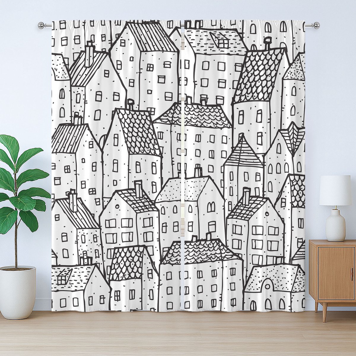 ABAKUHAUS Rustiek Stadsgordijn, Eenvoudige Handgetekende Huizen, Geplooid Slaapkamergordijn met Lussen en Haken, 280 x 175 cm, Houtskoolgrijs en Wit