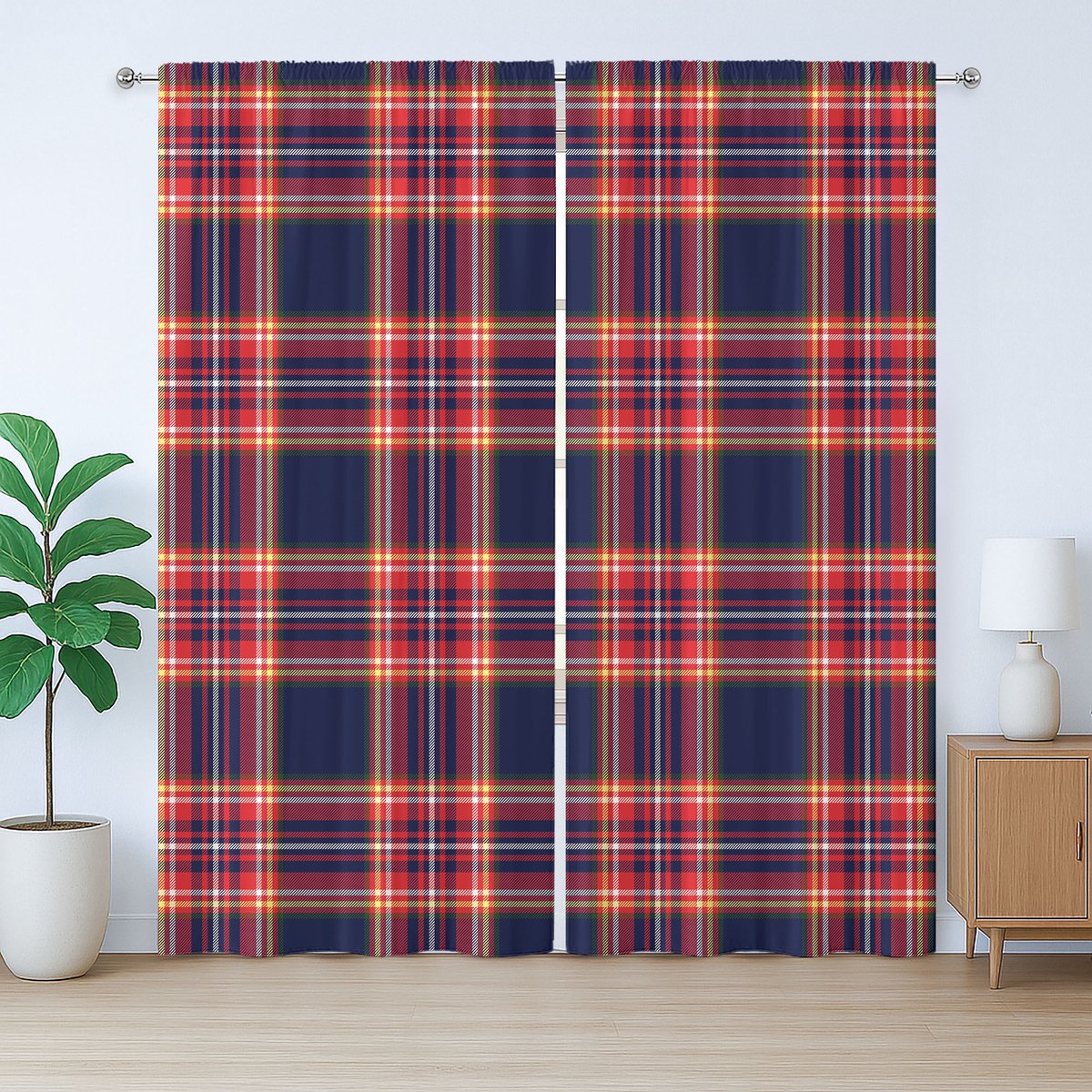 ABAKUHAUS Rustiek geruit gordijn, levendig cultureel patroon, met lussen en haken voor de woonkamer, 280 x 245 cm, meerkleurig