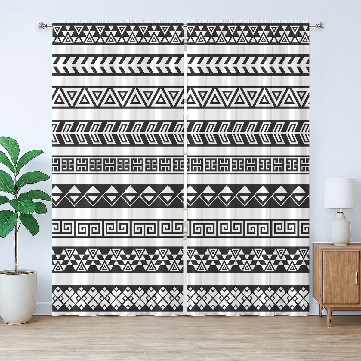 ABAKUHAUS Boho Rustiek Gordijn, Amerikaanse Randen, Slaapkamergordijn met Plooiing, Lussen en Haken, 280 x 225 cm, Zwart-wit