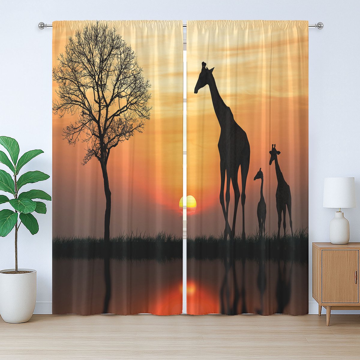 ABAKUHAUS Afrikaans rustiek gordijn, giraffe in een wild bos, slaapkamergordijn met geplooide band, lussen en haken, 280 x 225 cm, oranje zwart