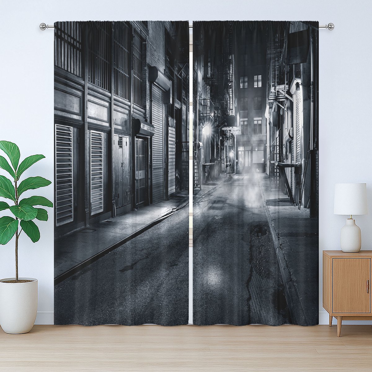 ABAKUHAUS Rustiek Nachtgordijn, Donker Stadslandschap NYC, Slaapkamergordijn met lussen en haken, 280 x 175 cm, Wit Zwart