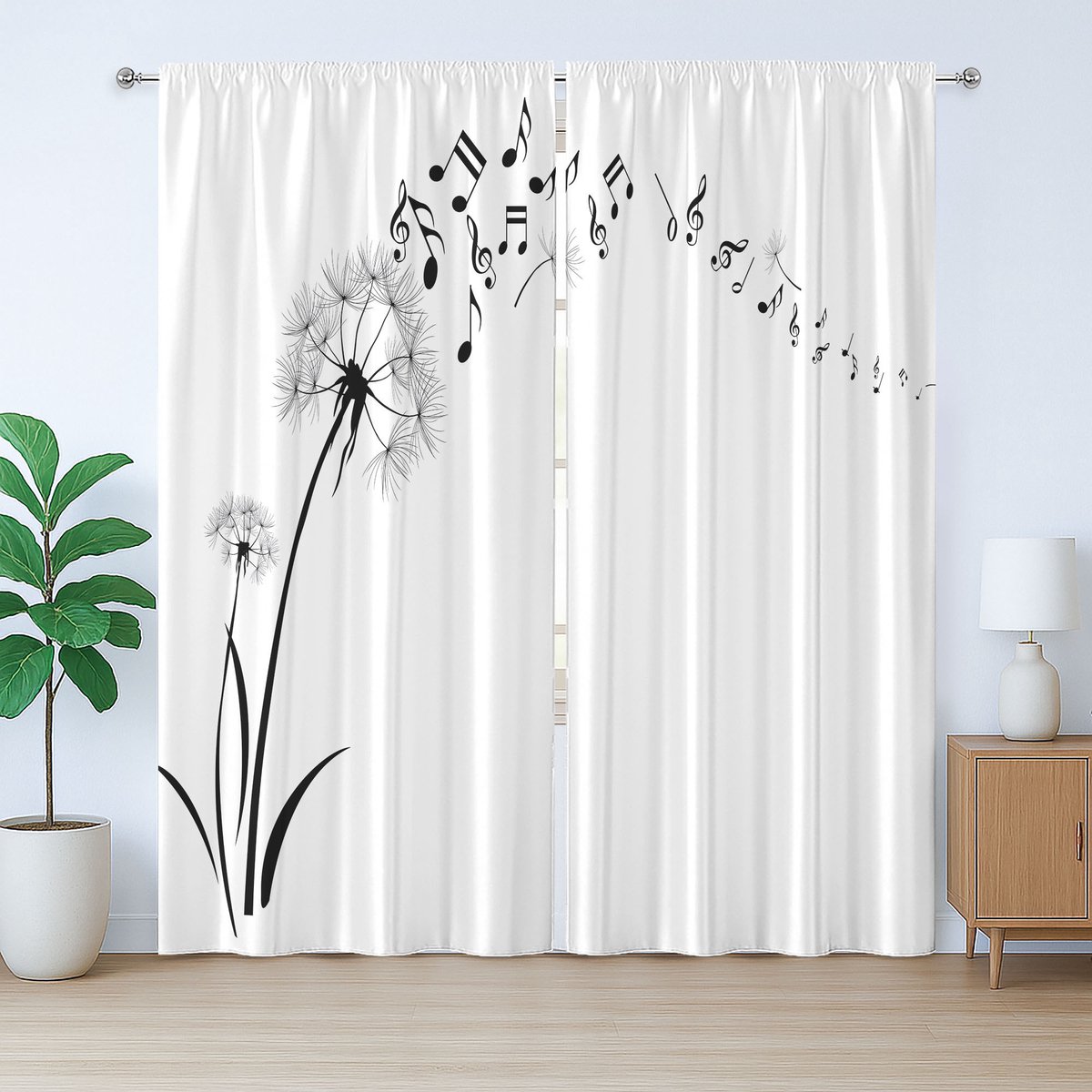 ABAKUHAUS Muziek Rustiek Gordijn, Paardenbloemen, Universele Gordijnen met Bandjes, Lussen en Haken voor de Woonkamer, 280 x 225 cm, Zwart-Wit