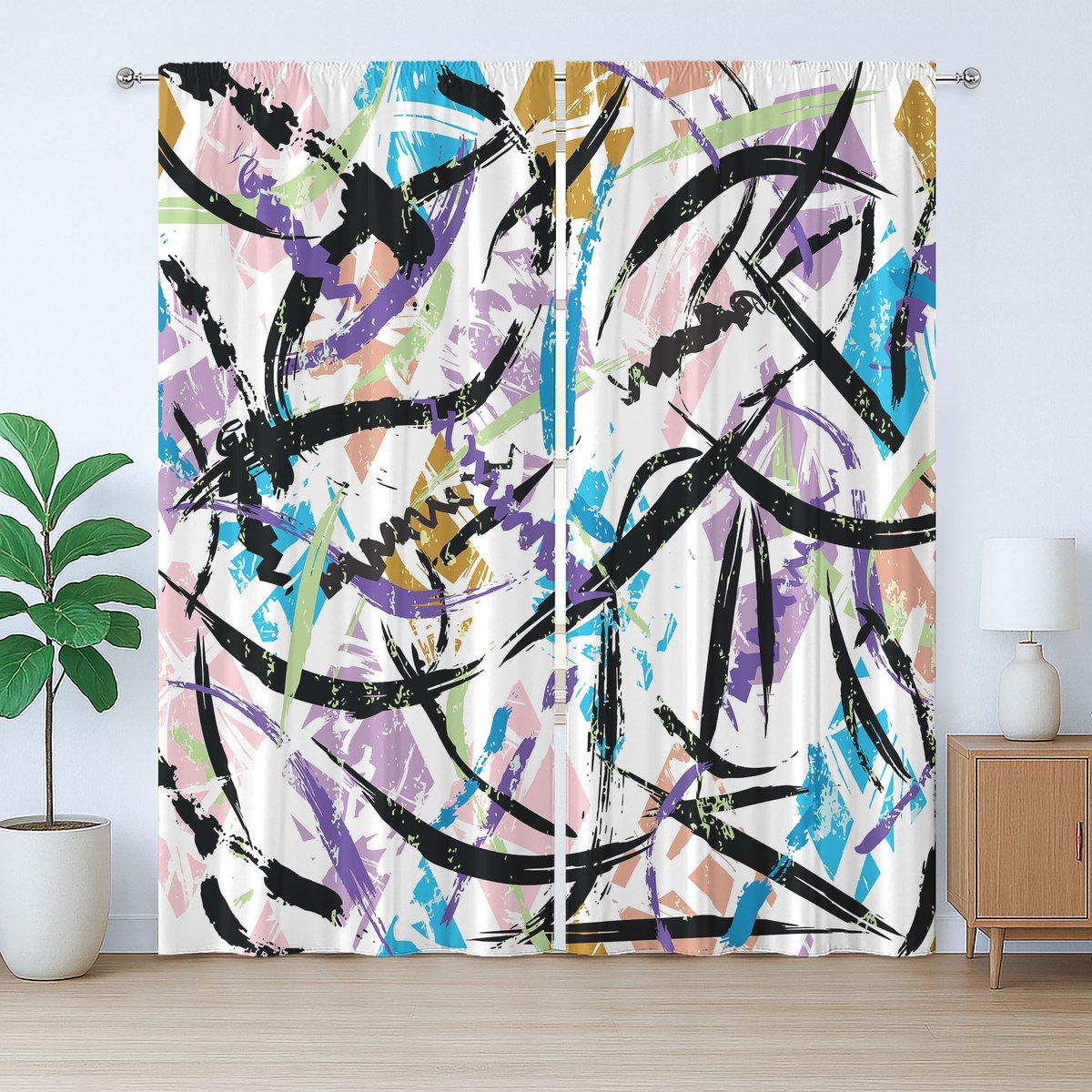 ABAKUHAUS Urban Graffiti Rustiek Gordijn, Kleurspat-effect, met Bandjes en Haakjes voor de Woonkamer, 280 x 245 cm, Multicolor
