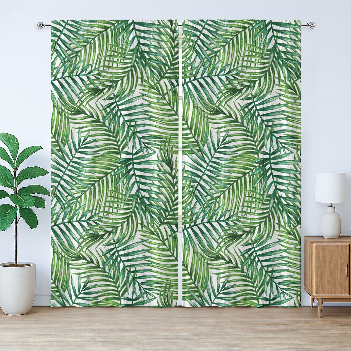 ABAKUHAUS Rustiek bladgordijn, botanische wilde palmen, slaapkamergordijn met lussen en haken, 280 x 225 cm, groen wit