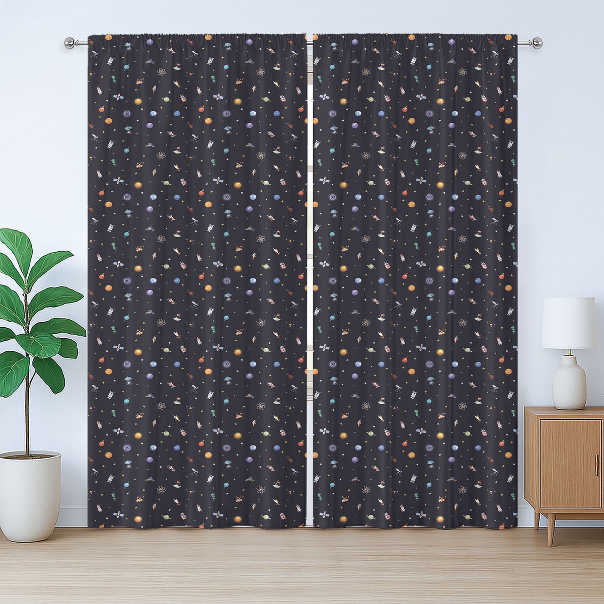 ABAKUHAUS Ruimteschip Rustiek Gordijn, Sterren Buitenaardse Planeten, met Bandjes en Haakjes voor de Woonkamer, 280 x 245 cm, Zwart Blauw Oranje