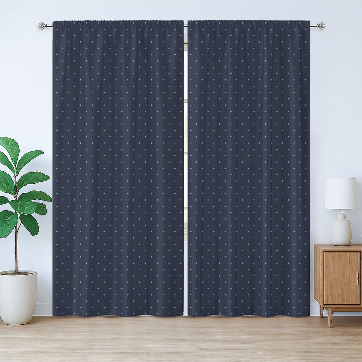 ABAKUHAUS Rustiek gordijn met stippen, blauwe stippen in retrostijl, Gordijn met plooien, lussen en haken, 280 x 175 cm, lichtblauw en donkerblauw