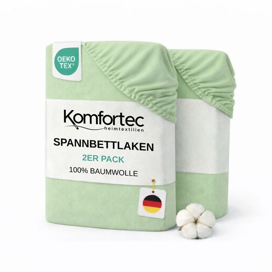 Komfortec Jersey Stretch 2-delige Hoeslaken Set 160x200 cm, Dubbelpak, 23 cm Matrasdikte, Rondom Elastiek, 100% Katoen, Groen