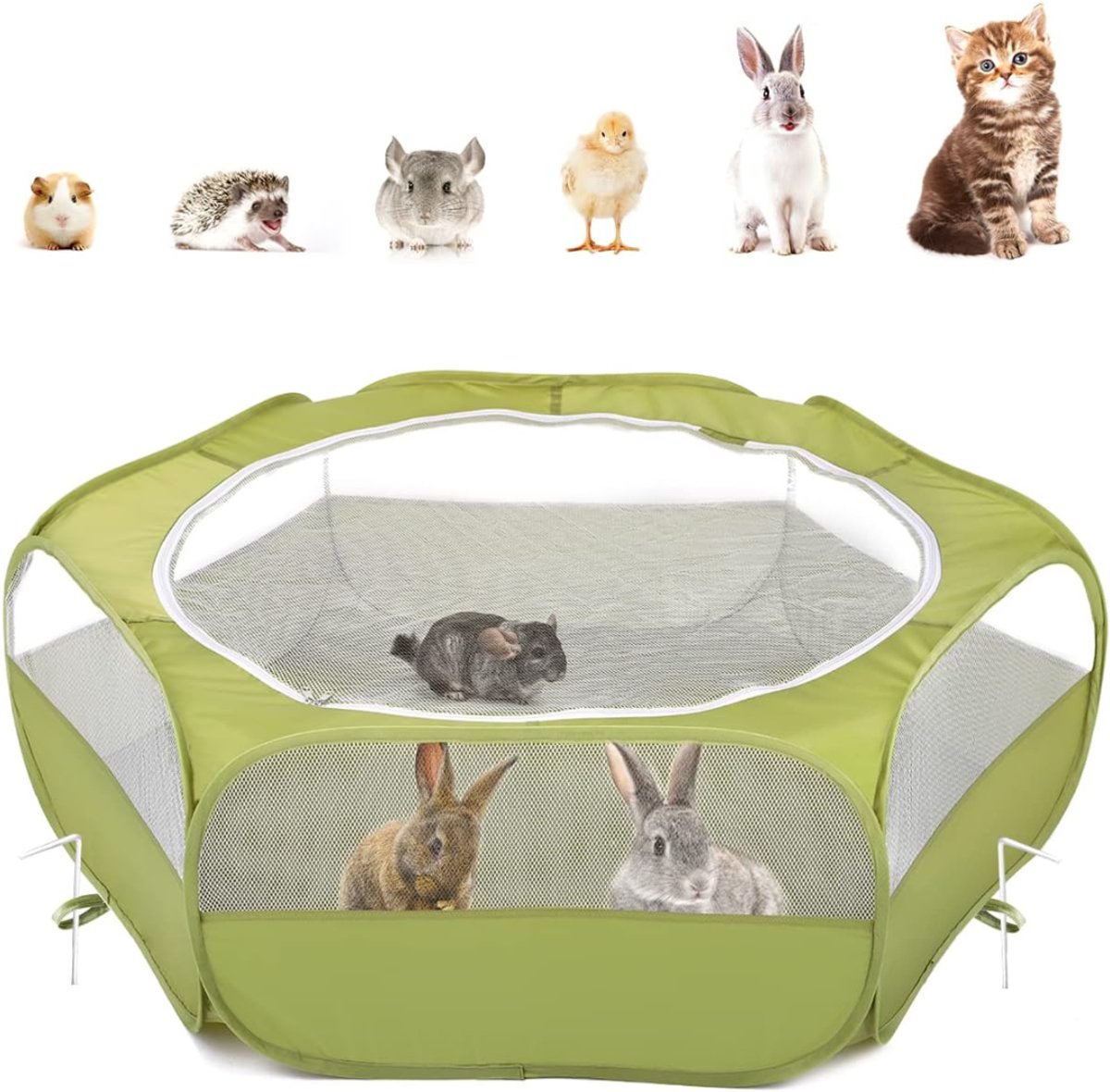 REN® Konijnenhok Binnen - Konijnenkooi voor Binnen - Konijnenkooi - draagbaar tuinhek voor buiten met 3 metalen stangen - Avocadogroen - 133cm x 65cm x 38cm