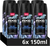 Six Axe Blue Lavender deodorant spuitbussen in een verpakking, met de tekst 6x 150ml.
