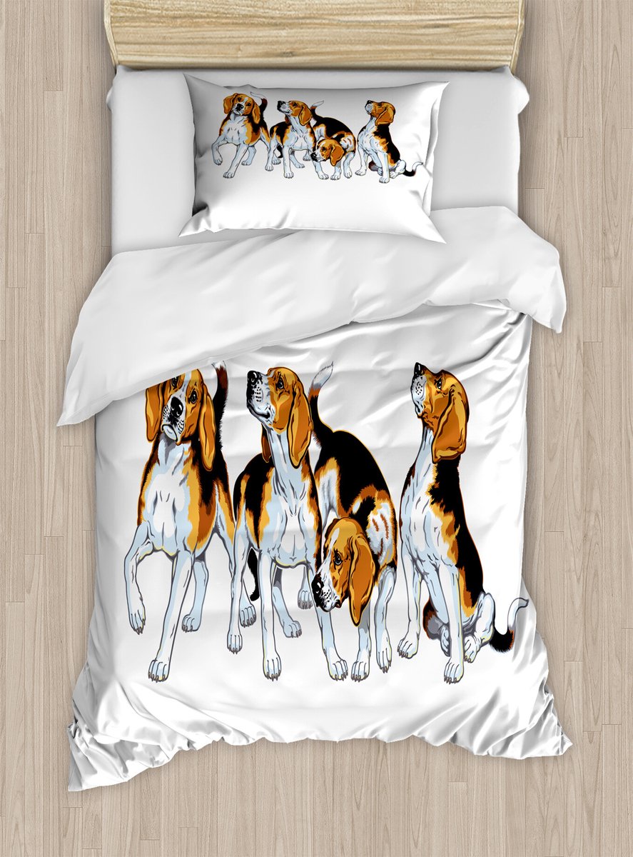 ABAKUHAUS Beagle dekbedovertrekset voor eenpersoonsbedden, ontwerp met 4 beagles, inclusief kussensloop, 130 x 200 cm