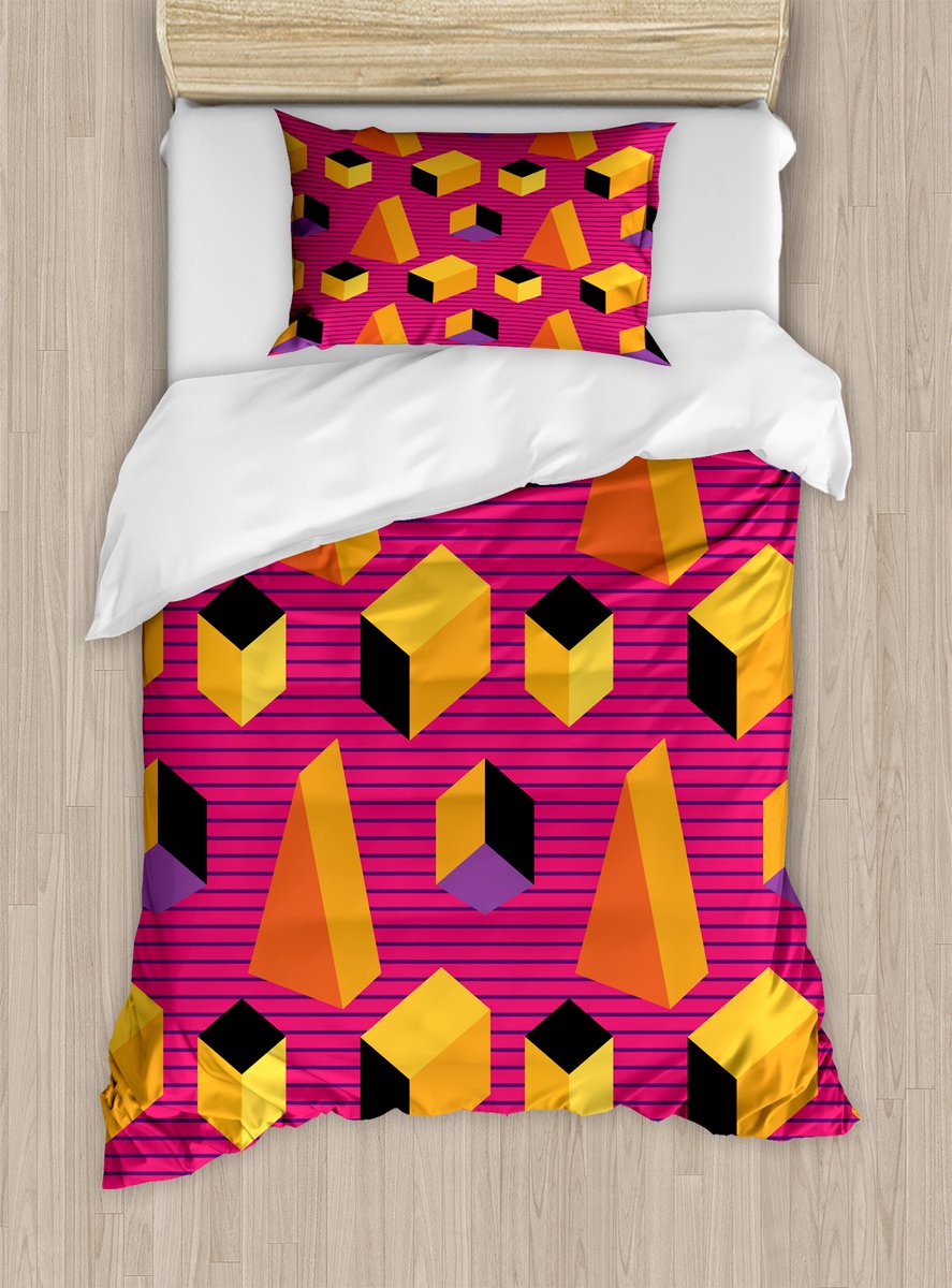 ABAKUHAUS Abstracte dekbedovertrekset voor eenpersoonsbedden, zomerse tinten, geometrische jaren 80-stijl, inclusief kussensloop, 130 x 200 cm