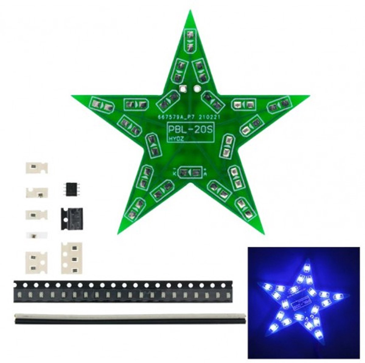 Bouwkit 5-Puntige Ster met 20 LED's DIY Kit in Rood, Groen of Blauw