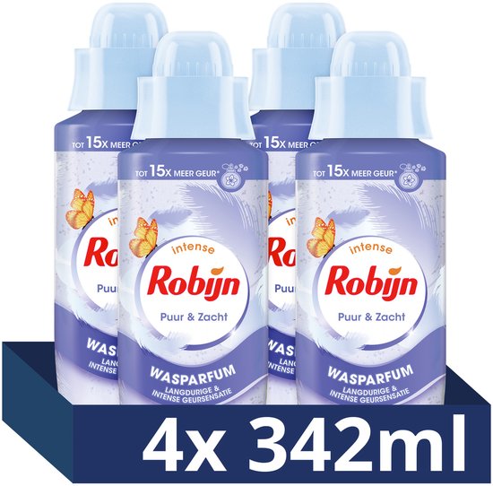 Vier flessen Robijn Intense Wasparfum Puur & Zacht, met vlinder en veren design op een paarse achtergrond. Tekst: 'Intense Robijn', 'Puur & Zacht', 'Wasparfum', '4x 342ml'.