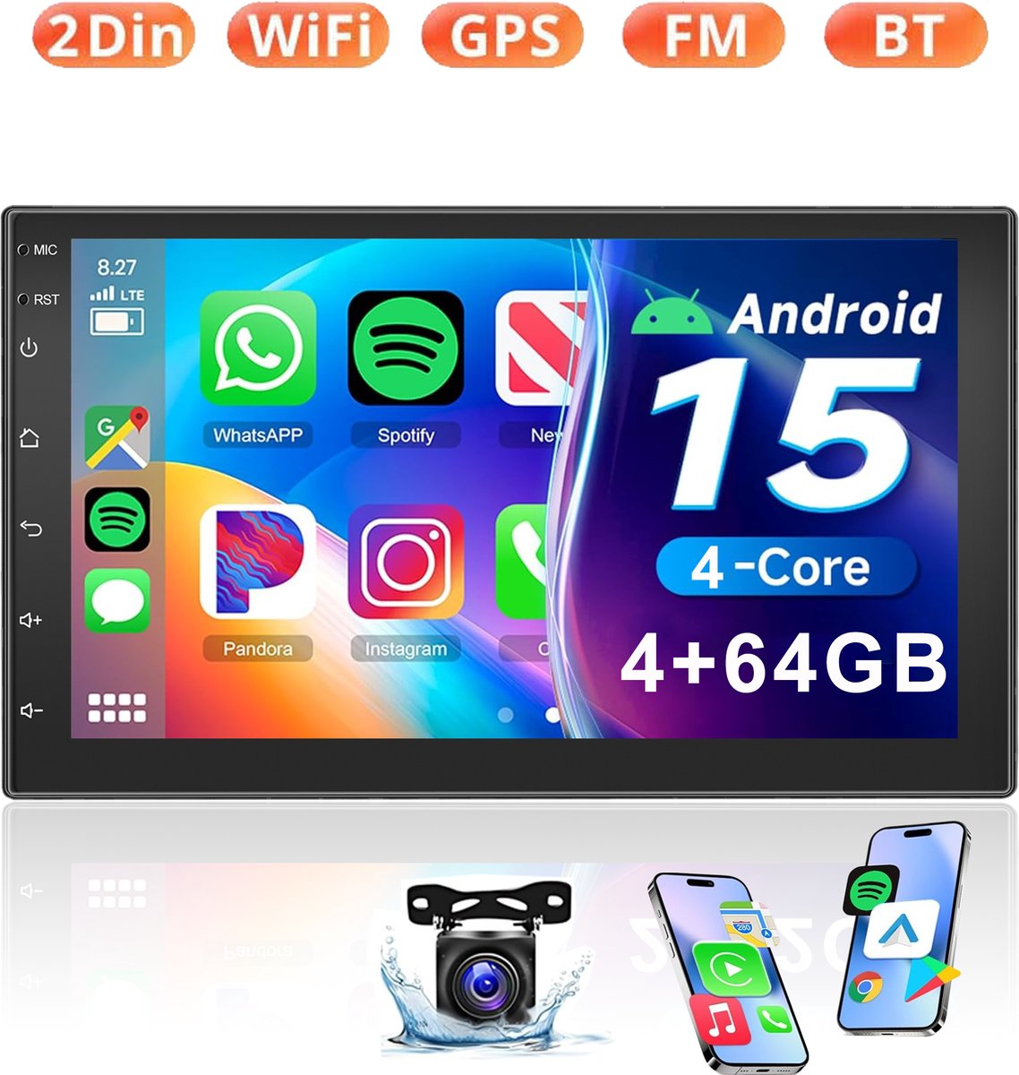 ESSGOO Autoradio 2Din Universeel - Android 15 - Apple Carplay & Android Auto (Draadloos) - 4+64GB - 7 Inch HD Touchscreen - GPS, FM, Wifi, SWC - Achteruitrijcamera