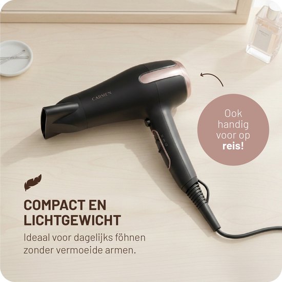 Carmen CHD1895B - Föhn - Inclusief diffuser - 1800 W - Haardroger - Haarfohn - 2 warmtestanden - Coolshot - Lichtgewicht