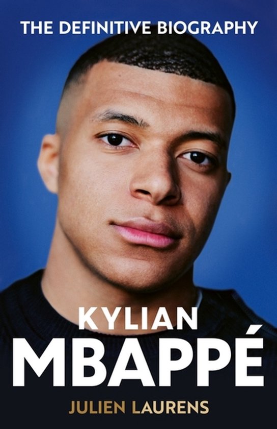 Boek 'Kylian Mbappé' met portret van Mbappé tegen een blauwe achtergrond.