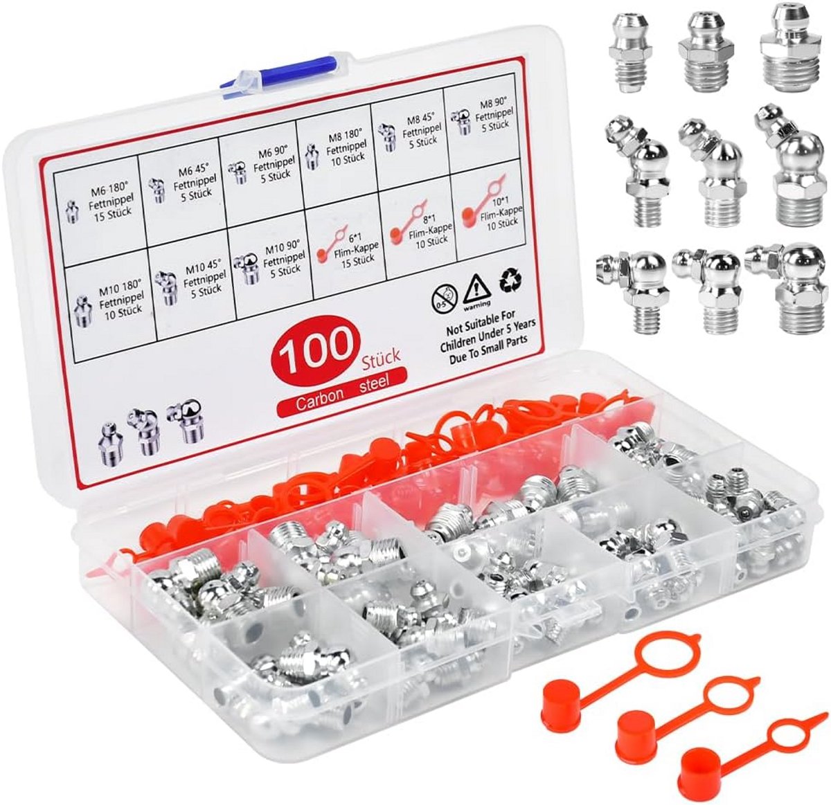100-delige Assortimentset Smeernippels M6 M8 M10 met Diverse Hoeken en Beschermkappen