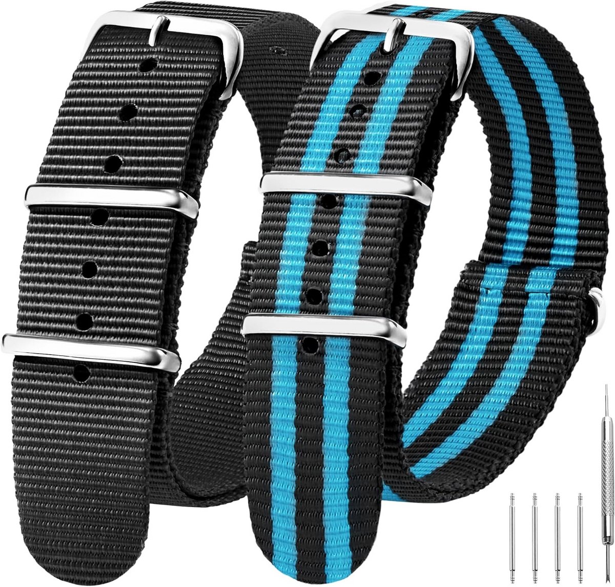 Nylon horlogebandjes met zilverkleurige gesp voor heren - Set van 2 stuks