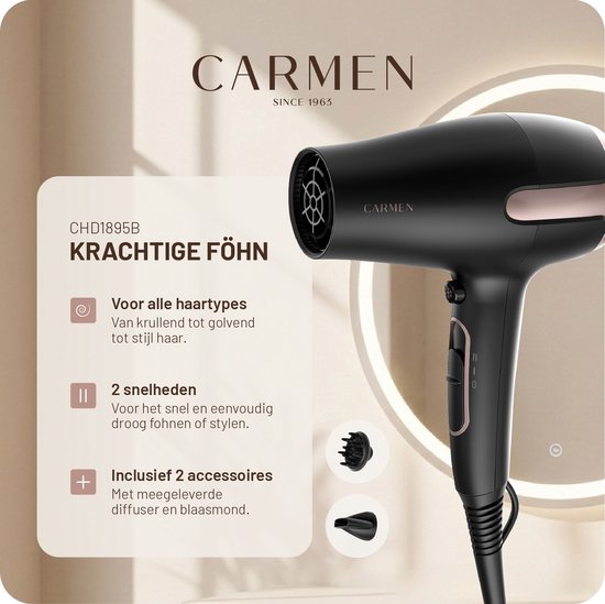 Carmen CHD1895B - Föhn - Inclusief diffuser - 1800 W - Haardroger - Haarfohn - 2 warmtestanden - Coolshot - Lichtgewicht