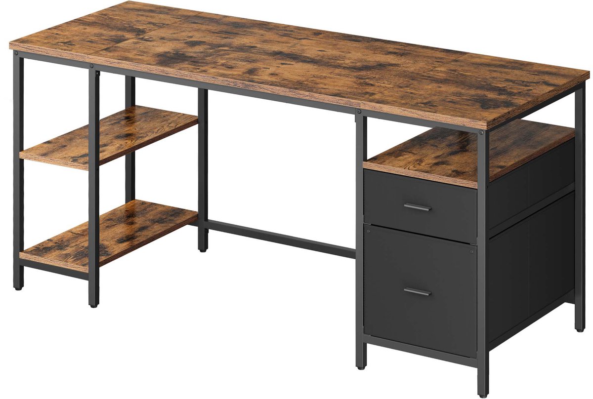 Industrieel computerbureau Schrijftafel Bureau 60x160x76cm Vintagebruin+Mat Zwart Met verstelbare poten 3 planken en 2 lades Stevig duurzaam metalen frame Eenvoudig te monteren Geschikt voor thuiskantoor en studeerkamer