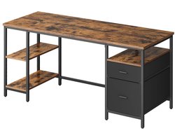 Industrieel computerbureau Schrijftafel Bureau 60x160x76cm Vintagebruin+Mat Zwart Met verstelbare poten 3 planken en 2 lades Stevig duurzaam metalen frame Eenvoudig te monteren Geschikt voor thuiskantoor en studeerkamer