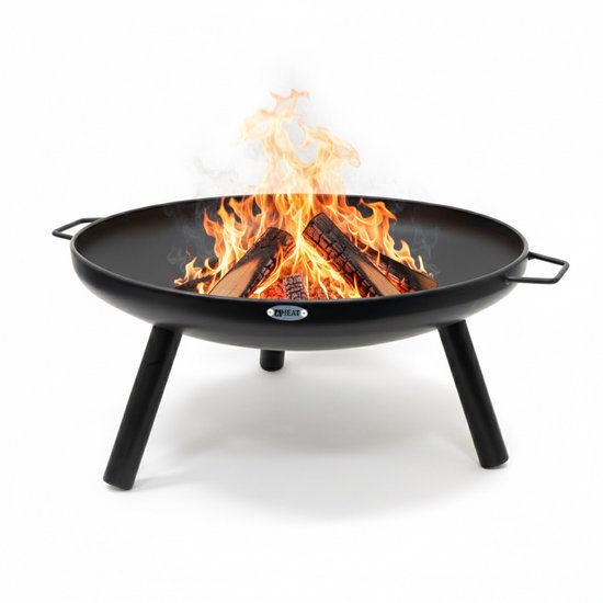 Zwarte metalen vuurschaal met brandend hout en een stevige driepoot.