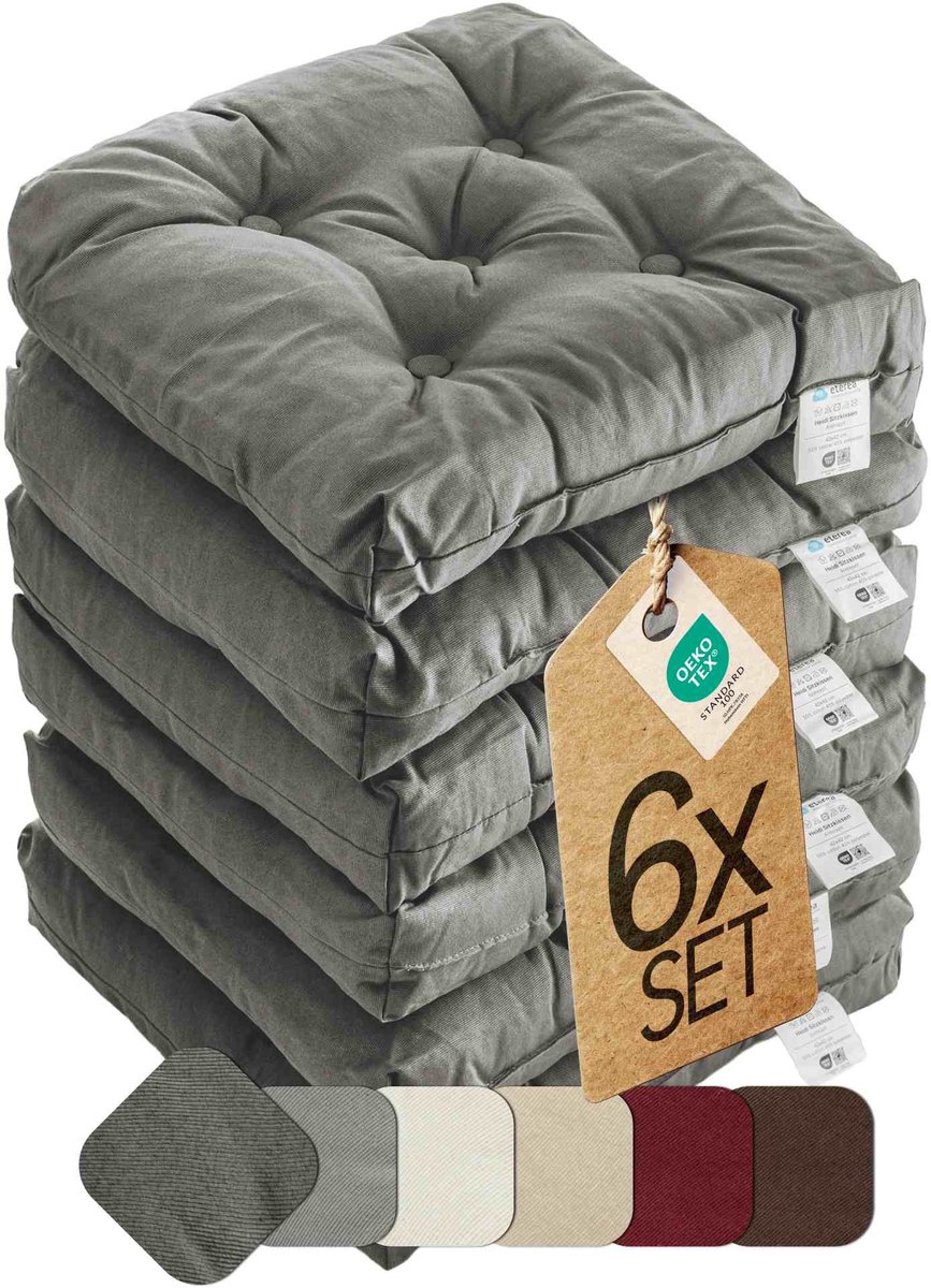etérea Heidi Zitkussen Stoelkussen - Seat Cushion 6 Stuk - 42x42 cm - Grijs