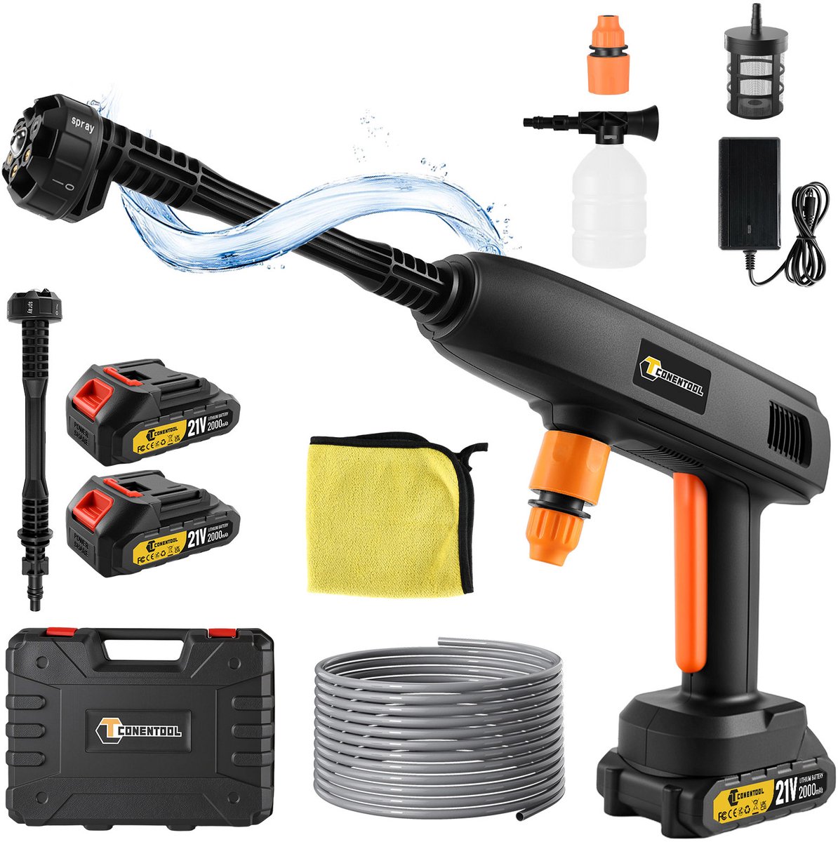 CONENTOOL Accu Hogedrukreiniger - 6-in-1 Multifunctioneel - 21V 2000mAh - Incl. 2 Accu's - 650W - 40Bar