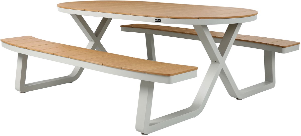 AXI Jax Picknicktafel met 2 banken Ovaal in Sandy Beige met Teak-look Polywood – Gepoedercoat aluminium frame – Tafel en banken met Polywood tafelblad en zitvlak - 200x190cm