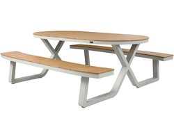 AXI Jax Picknicktafel met 2 banken Ovaal Wit met Teak-look Polywood – Gepoedercoat aluminium frame – Tafel en banken met Polywood tafelblad en zitvlak - 200x190cm