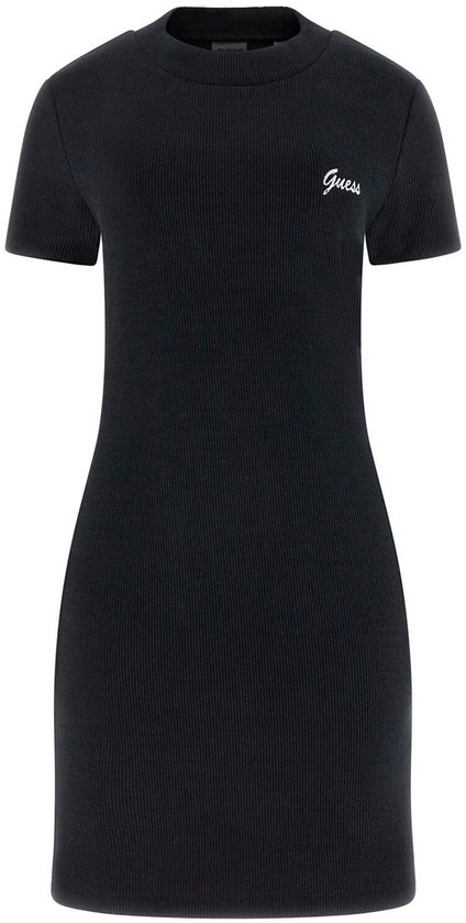 Robe Guess noire côtelée à manches courtes avec un logo Guess blanc sur la poitrine.