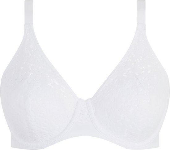 Soutien-gorge T-shirt blanc entièrement en dentelle avec bonnets moulés et bretelles réglables.
